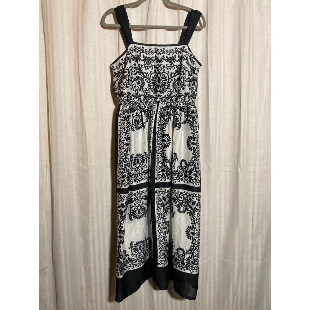 Taylor Black White Damask Tile Print Handkerchief Hem Midi Dress Womens 10